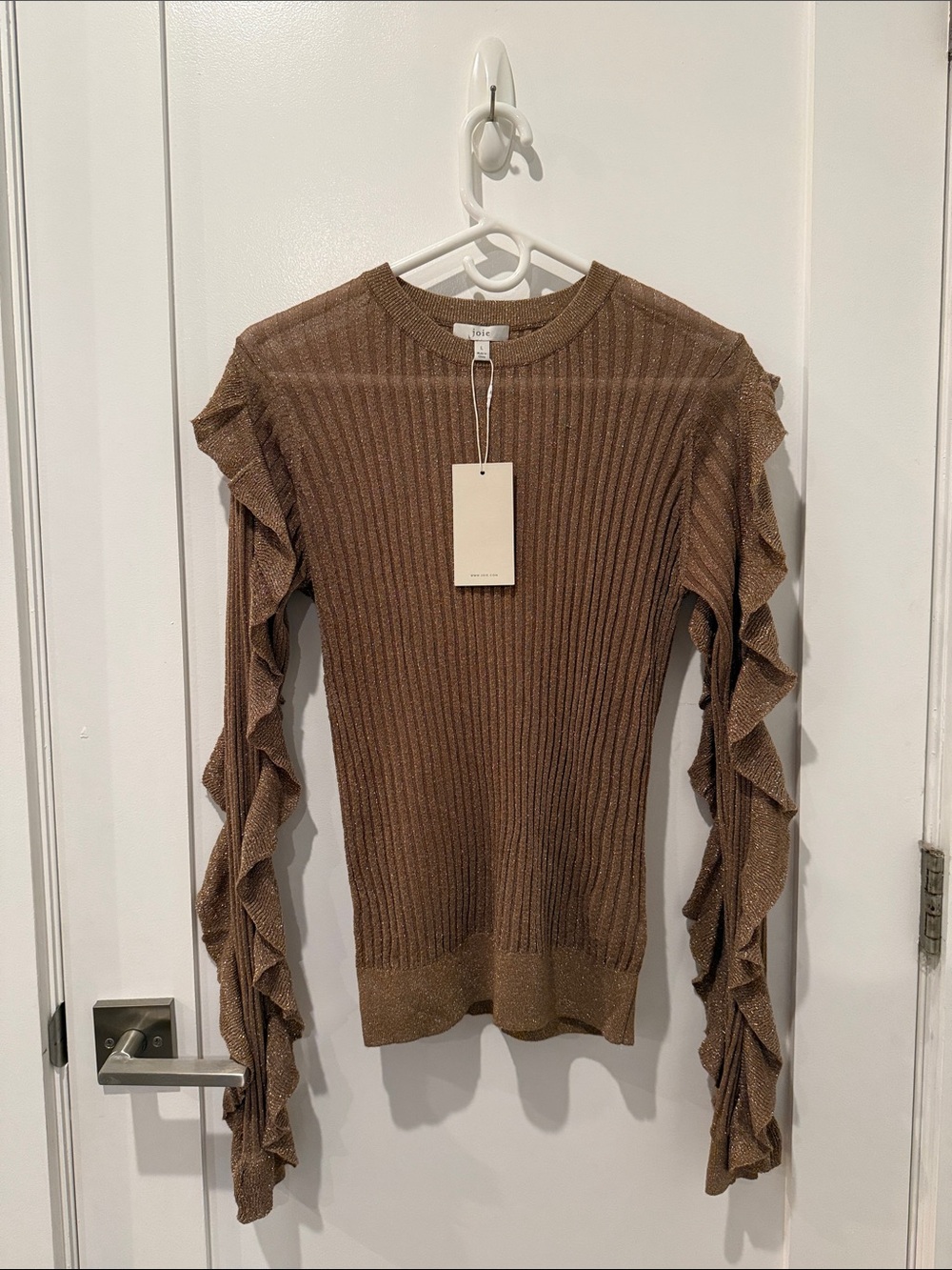 BNWT Gold Ruffle-Sleeve Ribbed Knit Top